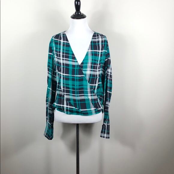 Plaid Surplice Top Bell Sleeve Green Blouse - Picture 3 of 5
